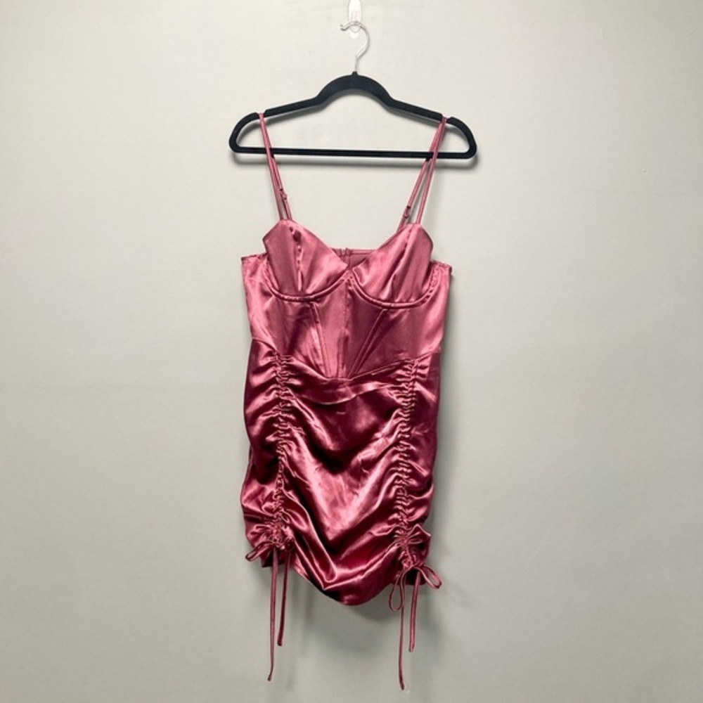 Boohoo Pink Satin Corset Ruched Mini Dress Size US 10 Rose Bodycon NEW